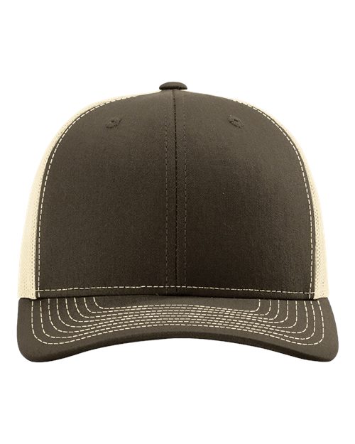 Richardson 112 cap in dark charcoal with tan contrast brim and stitched panel detail