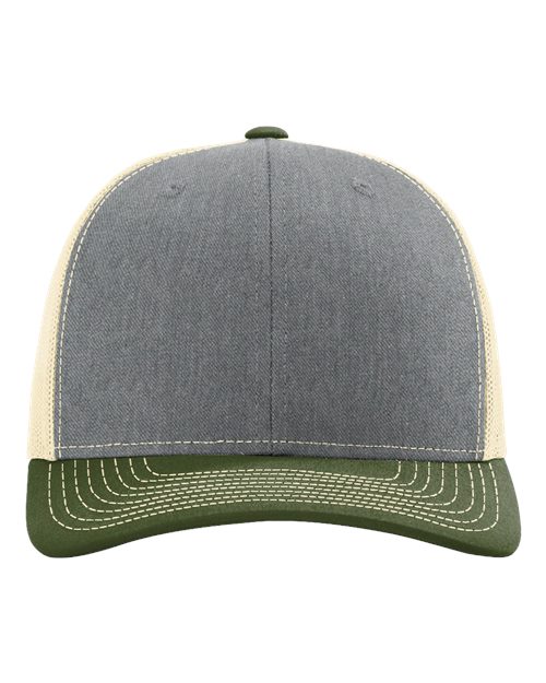 Heather gray baseball cap with green patterned brim and small front ventilation eyelets.