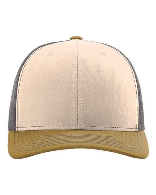 Baseball cap with cream crown and tan contrast brim.