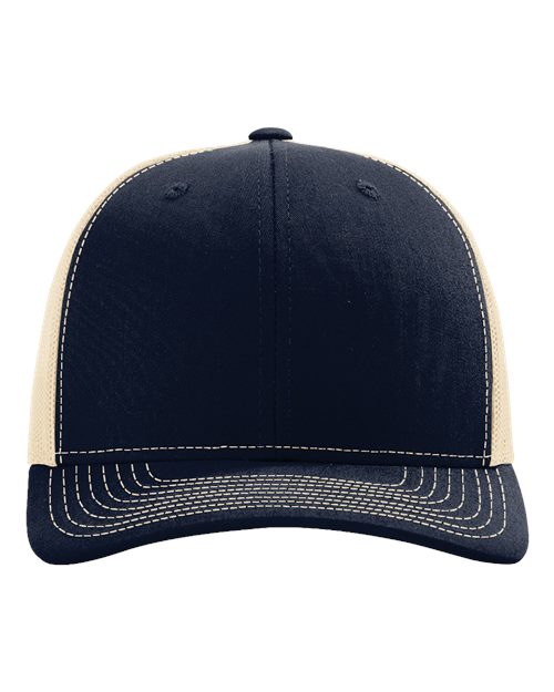 Baseball cap in navy with cream side panels and contrast stitched brim.