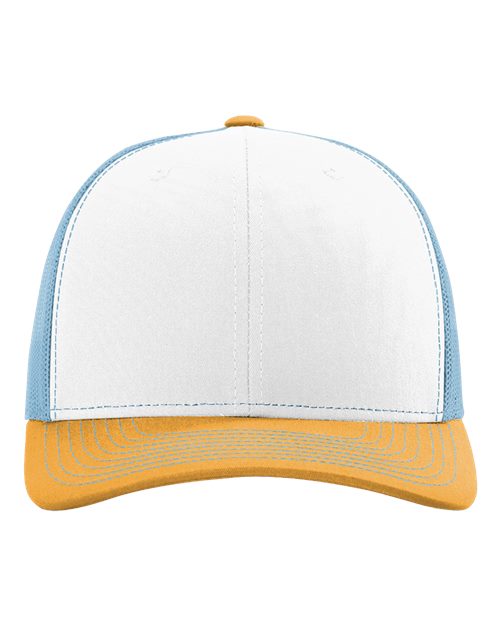 Richardson 112 baseball cap with white crown, blue trim, and orange patterned brim.
