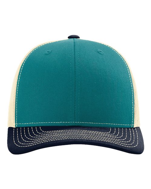 Two-tone baseball cap with teal crown, tan mesh panels, and curved brim