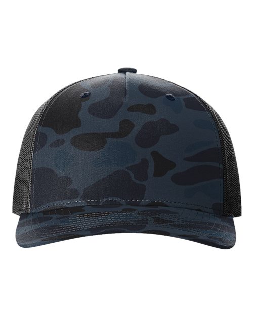 Camouflage mesh trucker cap in dark blue and charcoal with stitched brim