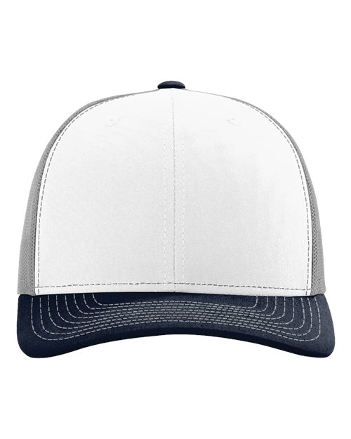 Richardson 112 baseball cap with white crown and navy curved brim with stitched pattern.
