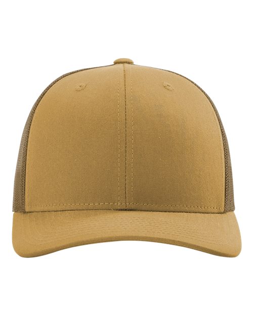 Richardson 112 5-panel baseball cap, tan/brown crown with lighter tan brim and top button.