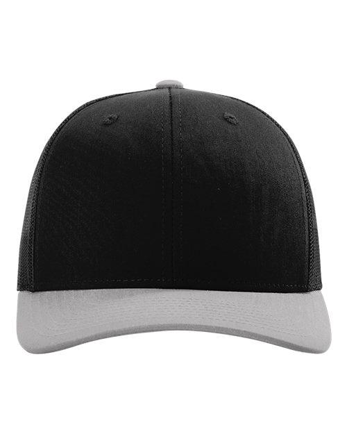 Richardson 112 5-panel baseball cap, black crown with light gray brim and top button.