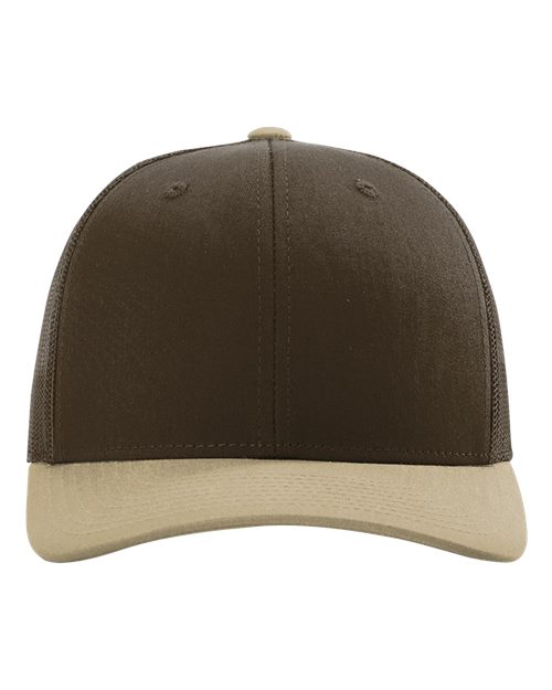 Richardson 112 5-panel baseball cap, brown crown with light tan brim and top button.