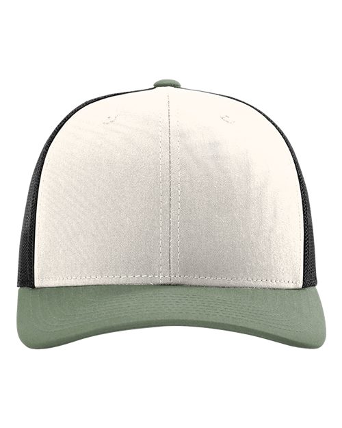 Beige and dark gray two-tone baseball cap with stitched center seam and curved brim