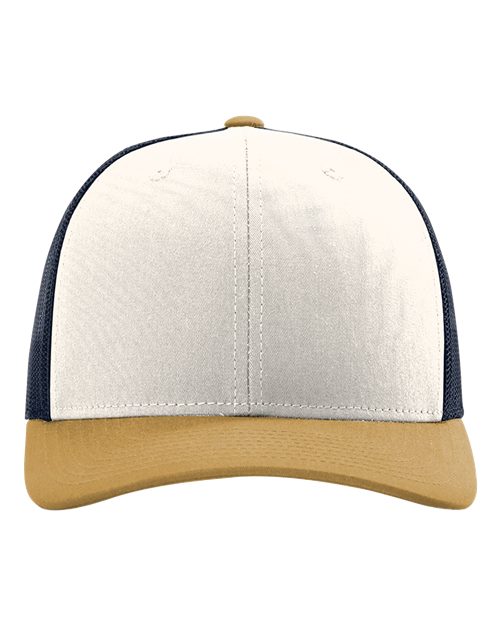 Richardson 112 cap with cream front, navy side panels, and tan under-brim