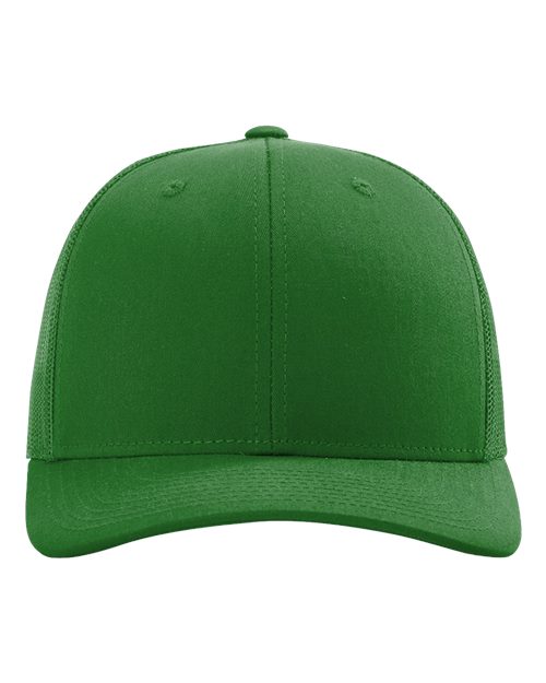 Green baseball cap with stitched center seam and curved brim