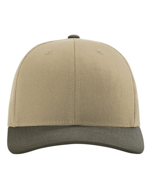 Beige and charcoal two-tone baseball cap with stitched center seam and curved brim