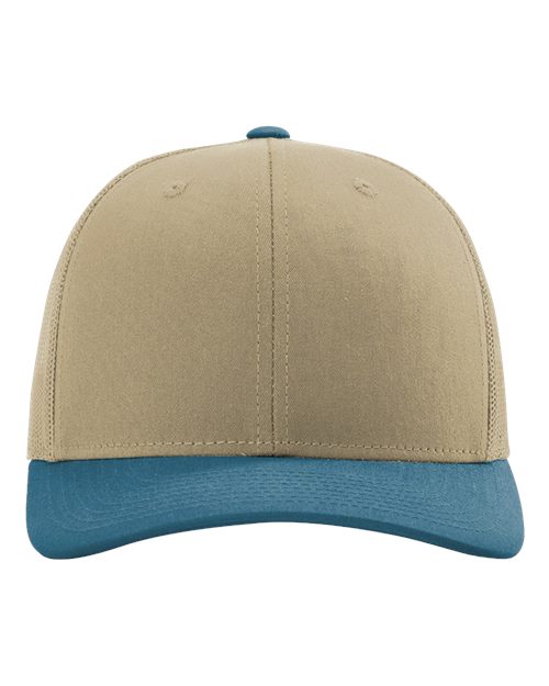 Beige and blue two-tone baseball cap with stitched center seam and curved brim