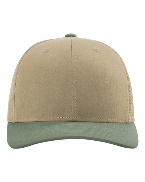 Beige and green two-tone baseball cap with stitched center seam and curved brim