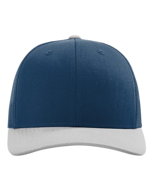 Baseball cap with dark blue crown and white curved brim