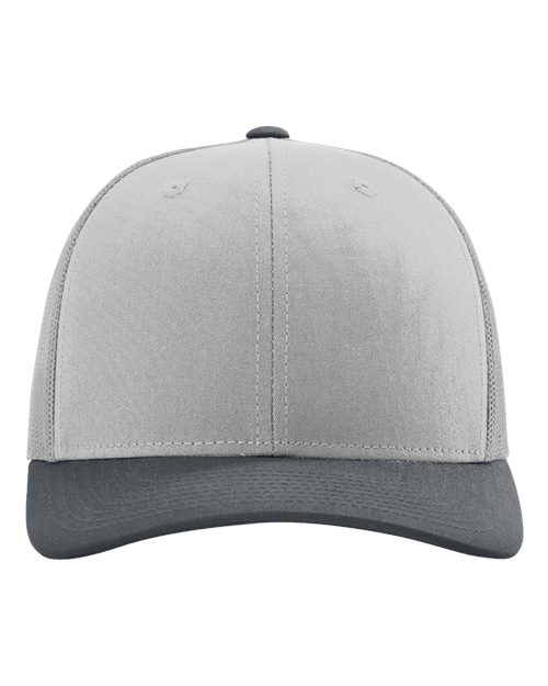 Baseball cap with light gray crown and charcoal gray curved brim