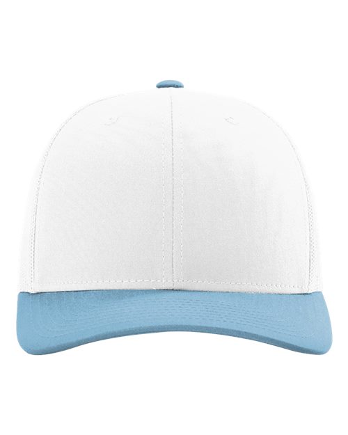 Richardson 112 cap with white crown, light blue brim, and light blue button