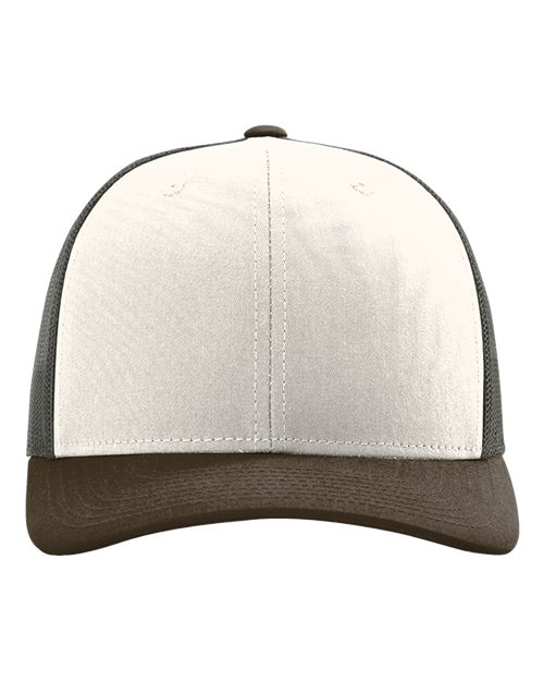Beige and brown two-tone baseball cap with stitched center seam and curved brim