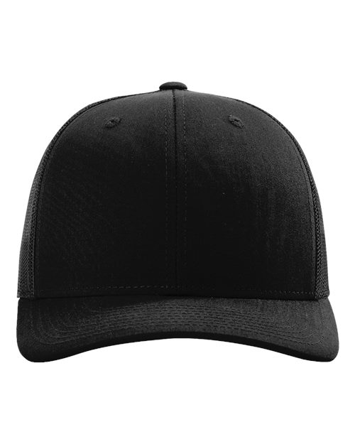 Black baseball cap with small front embroidered eyelets and stitched center seam
