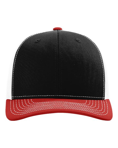 Black baseball cap with red underbill and white contrast underpanel stitching