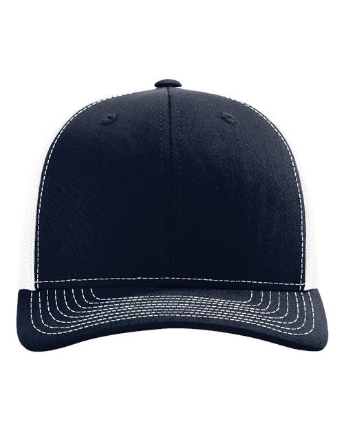 Navy baseball cap with white-trim underbrim and curved brim stitching, crown eyelets.