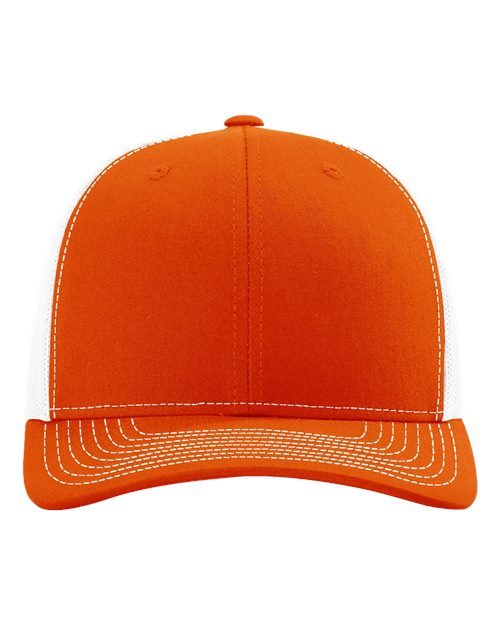 Orange baseball cap with white-trim underbrim and stitched crown eyelets.