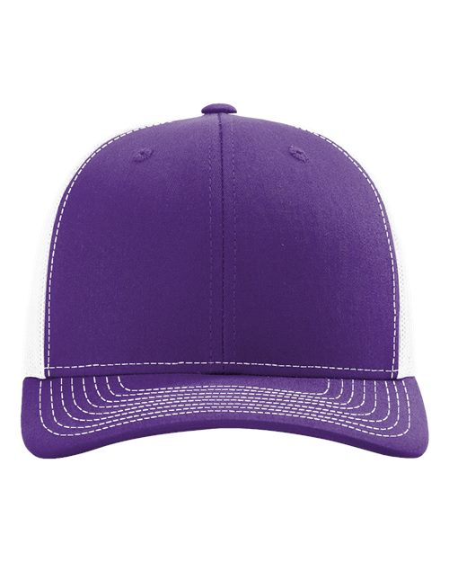 Purple baseball cap with white-trim underbrim, stitched crown eyelets.