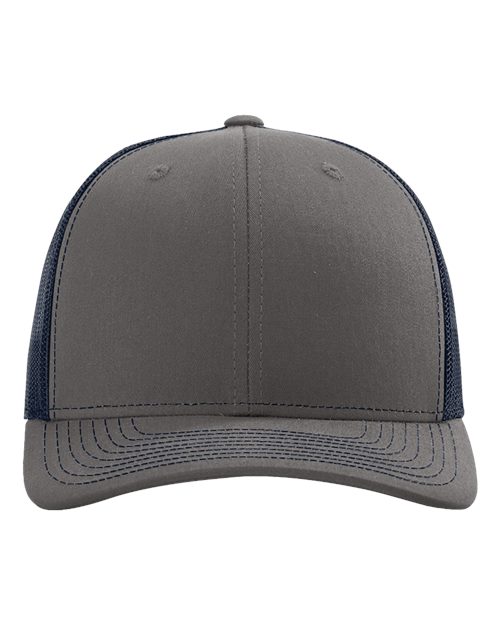 Baseball cap in dark gray with navy side panels and matching stitched brim detail
