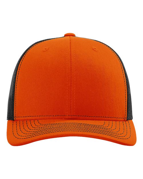 Orange baseball cap with black side panel trim and stitched crown eyelets.