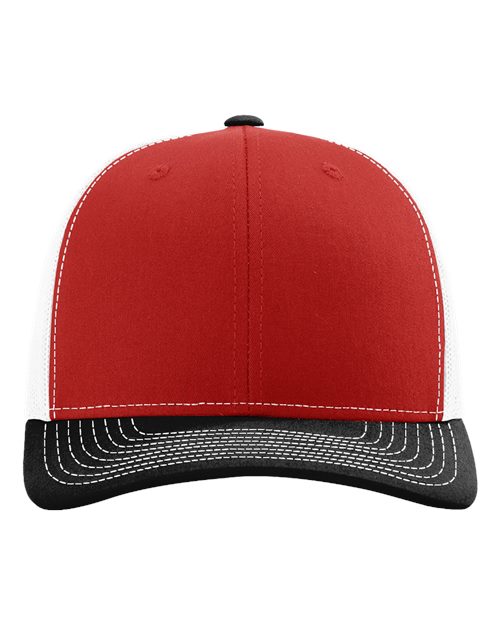 Red baseball cap with black contrast brim and white stitching, button top and curved visor