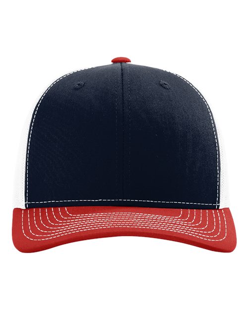 Navy baseball cap with red underbrim and red piping, stitched crown eyelets.