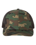 Green/brown camo mesh trucker cap with black side panels
