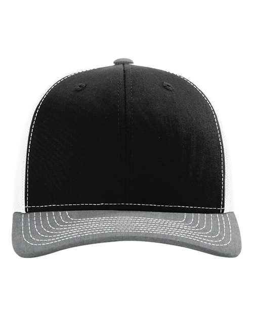 Black baseball cap with light gray underbill and white contrast topstitching
