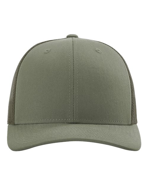 Baseball cap in olive green with curved brim and top button.