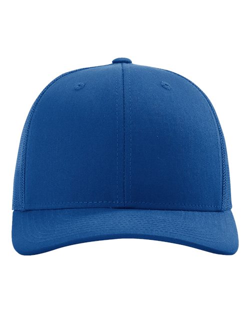 Blue baseball cap, structured 6-panel crown, button top, curved brim with matching stitching