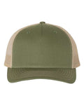 Olive five-panel mesh trucker cap with tan side panels and dark brim