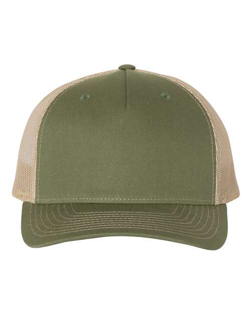 Olive five-panel mesh trucker cap with tan side panels and dark brim