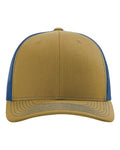 Two-tone trucker cap with tan front panels and blue mesh sides