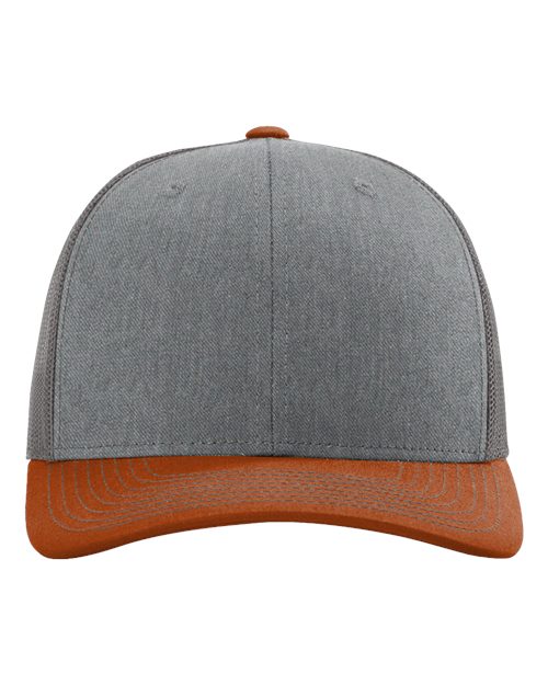 Heather gray baseball cap with burnt orange patterned brim and small front ventilation eyelets.